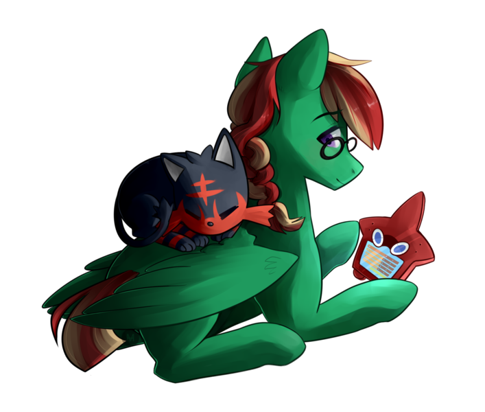 Size: 1528x1297 | Tagged: artist:goshhhh, commission, derpibooru import, litten, oc, pokedex, pokémon, pokémon sun and moon, prone, rotom dex, safe, simple background, transparent background, unofficial characters only