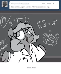 Size: 666x800 | Tagged: artist:egophiliac, chalkboard, cheese, clothes, derpibooru import, female, filly, food, glasses, grayscale, it's magic, lab coat, magic, monochrome, moonstuck, princess luna, safe, science woona, shrug, solo, woona, younger