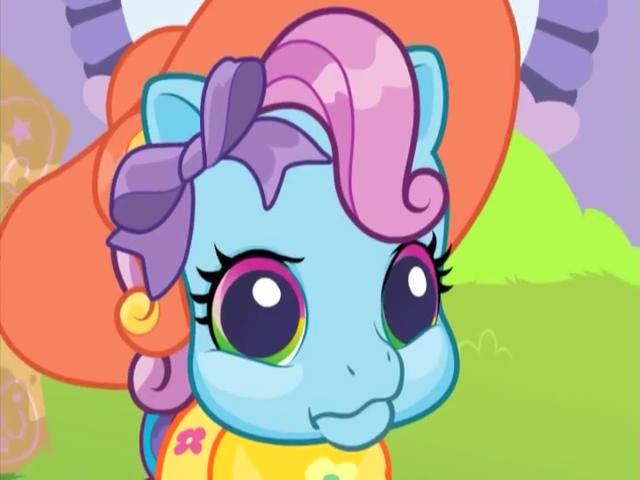 Size: 640x480 | Tagged: safe, derpibooru import, screencap, rainbow dash (g3), pony, over two rainbows, angry, annoyed, bow, clothes, frown, g3.5, g3.75, glare, hair bow, hat, heterochromia, looking at you, newborn cuties, once upon a my little pony time, rainbow dash always dresses in style, remake, remastered, solo