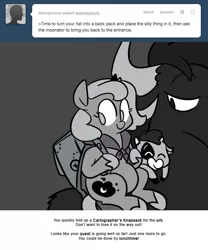 Size: 666x800 | Tagged: artist:egophiliac, cartographer's knapsack, derpibooru import, female, filly, grayscale, marauder's mantle, monochrome, moonitaur, moonstuck, oc, oc:stardust (egophiliac), oc:ziggy, princess luna, safe, woona, younger