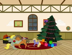 Size: 4751x3620 | Tagged: safe, artist:malte279, derpibooru import, derpy hooves, dinky hooves, doctor whooves, time turner, earth pony, pegasus, pony, unicorn, absurd resolution, christmas, christmas tree, hearth's warming, hearth's warming eve, holiday, hug, origami, tree