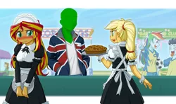 Size: 1000x589 | Tagged: safe, artist:uotapo, derpibooru import, edit, applejack, rainbow dash, soarin', sunset shimmer, oc, oc:anon, equestria girls, blushing, clothes, dress, equestria girls-ified, food, football, hatless, maid, missing accessory, pie, sports, that pony sure does love pies