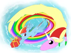 Size: 1843x1378 | Tagged: safe, artist:yinglongfujun, derpibooru import, rainbow dash, adventure time, christmas, flying, hearth's warming, holiday, lady rainicorn, present, sky