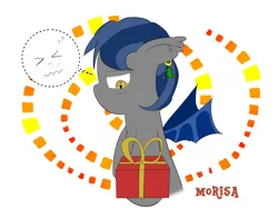 Size: 1843x1378 | Tagged: safe, artist:yinglongfujun, derpibooru import, oc, oc:moorish delight, unofficial characters only, bat pony, pony, christmas, hearth's warming, holiday, present, solo, tsundere