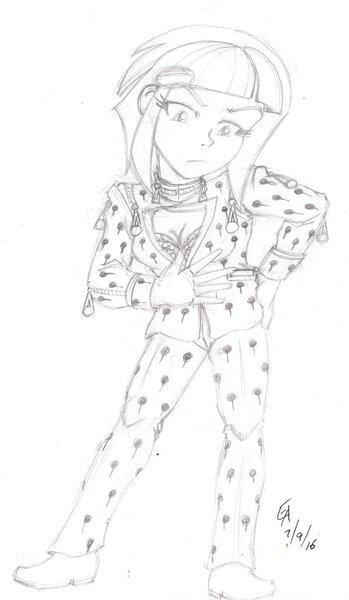 Size: 800x1375 | Tagged: safe, artist:mayorlight, derpibooru import, sunny flare, equestria girls, friendship games, bruno buccellati, clothes, cosplay, costume, jojo's bizarre adventure, looking at you, monochrome, parody, pencil drawing, solo, traditional art, vento aureo