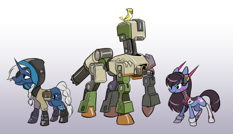 Size: 1280x740 | Tagged: safe, artist:calicopikachu, derpibooru import, ponified, bird, earth pony, pony, robot, robot pony, unicorn, ana amari, bastion (overwatch), braid, braided tail, d.va, eyepatch, ganymede (overwatch), gradient background, gray background, gun, minigun, overwatch, simple background, video game, weapon