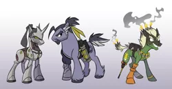 Size: 1280x663 | Tagged: safe, artist:calicopikachu, derpibooru import, ponified, cyborg, earth pony, pony, unicorn, amputee, genji (overwatch), gradient background, gray background, hanzo, junkrat, mane on fire, overwatch, prosthetic leg, prosthetic limb, prosthetics, quiver, simple background, soot, trio, unshorn fetlocks, video game