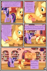 Size: 3254x4837 | Tagged: safe, artist:gutovi, derpibooru import, applejack, twilight sparkle, twilight sparkle (alicorn), alicorn, pony, comic:why me!?, absurd resolution, butt touch, comic, feathermarking, golden oaks library, i am an adult, i need an adult, implied lesbian, implied shipping, implied twijack, magic, molestation, personal space invasion, spread wings, wingboner, wings