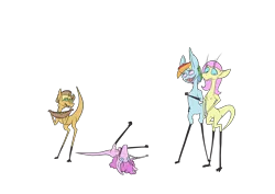 Size: 2828x2000 | Tagged: safe, artist:happy harvey, derpibooru import, applejack, fluttershy, pinkie pie, rainbow dash, ponified, pony, yinglet, applejack (male), bubble berry, butterscotch, dream on phone, rainbow blitz, rule 63, species swap