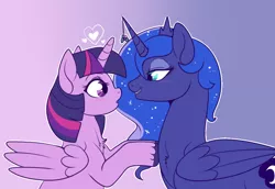 Size: 750x515 | Tagged: safe, artist:lulubell, derpibooru import, princess luna, twilight sparkle, twilight sparkle (alicorn), alicorn, pony, female, heart, lesbian, mistletoe, shipping, twiluna