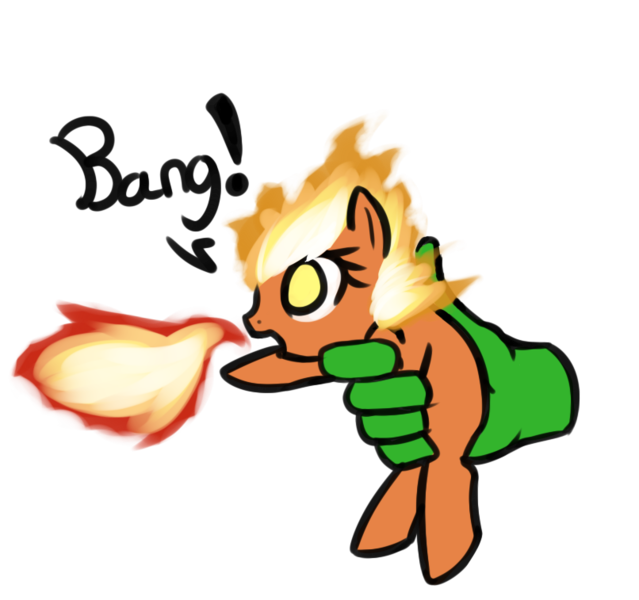 Size: 806x757 | Tagged: safe, artist:neuro, derpibooru import, oc, oc:anon, ponified, unofficial characters only, human, object pony, original species, pony, bang, behaving like a weapon, fake gun, fire, fire breath, hand, in goliath's palm, mane of fire, simple background, tiny, tiny ponies, transparent background