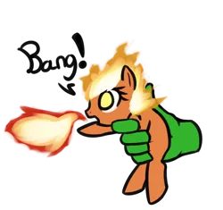 Size: 806x757 | Tagged: safe, artist:neuro, derpibooru import, oc, oc:anon, ponified, unofficial characters only, human, object pony, original species, pony, bang, behaving like a weapon, fake gun, fire, fire breath, hand, in goliath's palm, mane of fire, simple background, tiny, tiny ponies, transparent background