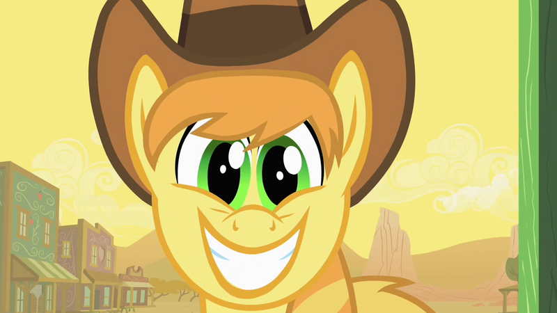 Size: 1280x720 | Tagged: safe, derpibooru import, screencap, braeburn, pony, over a barrel, appleloosa, braeburn's silly grin, cute, grin, hat, looking at you, smiling, solo, squee