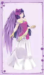 Size: 398x683 | Tagged: alicorn, artist:annemarijk, clothes, coronation dress, derpibooru import, dress, gloves, human, humanized, safe, smiling, solo, twilight sparkle, twilight sparkle (alicorn), winged humanization, wings