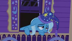 Size: 1280x720 | Tagged: safe, derpibooru import, screencap, trixie, pony, to where and back again, hat, nightcap, solo, tired, trixie's nightcap, trixie's wagon