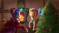 Size: 1920x1080 | Tagged: a hearth's warming tail, artist:divlight, christmas, christmas tree, christmas wreath, clothes, decorating, decoration, derpibooru import, dress, duo, eyes closed, fireplace, flutterholly, fluttershy, food, holiday, magic, merry, pastry, raised hoof, rarity, safe, tree, wreath