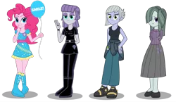 Size: 1761x1022 | Tagged: dead source, safe, artist:drewmwhit, derpibooru import, boulder (pet), limestone pie, marble pie, maud pie, pinkie pie, equestria girls, badge, balloon, beautiful, boots, clothes, diamond, dress, equestria girls-ified, female, hair over one eye, high heel boots, pants, shoes, siblings, sisters, trousers