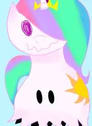 Size: 751x1029 | Tagged: artist:rottenbabe, blue background, crossover, cutie mark, derpibooru import, mimikyu, pokémon, pokémon sun and moon, princess celestia, safe, simple background, sun and moon