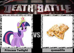 Size: 1008x720 | Tagged: safe, derpibooru import, twilight sparkle, twilight sparkle (alicorn), alicorn, pony, big crown thingy, death battle, element of magic, exploitable meme, food, jewelry, meme, quesadilla, regalia, solo, they're just so cheesy