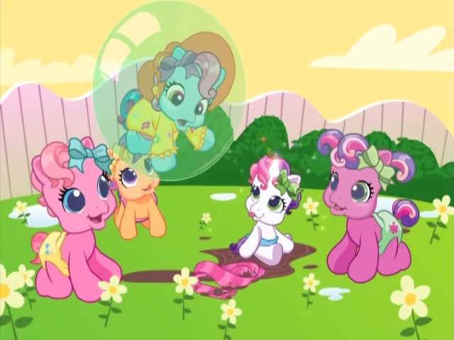 Size: 640x480 | Tagged: safe, derpibooru import, screencap, cheerilee (g3), pinkie pie (g3), rainbow dash (g3), scootaloo (g3), sweetie belle, sweetie belle (g3), pony, over two rainbows, baby, baby pony, bubble, clothes, g3.5, g3.75, magic, mud, newborn cuties, once upon a my little pony time, rainbow dash always dresses in style, remake, remastered, scarf, sweetie belle's magic brings a great big smile