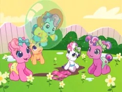 Size: 640x480 | Tagged: safe, derpibooru import, screencap, cheerilee (g3), pinkie pie (g3), rainbow dash (g3), scootaloo (g3), sweetie belle, sweetie belle (g3), pony, over two rainbows, baby, baby pony, bubble, clothes, g3.5, g3.75, magic, mud, newborn cuties, once upon a my little pony time, rainbow dash always dresses in style, remake, remastered, scarf, sweetie belle's magic brings a great big smile