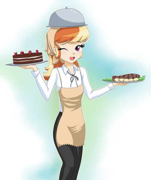 Size: 1000x1192 | Tagged: safe, artist:thebrokencog, artist:twilite-sparkleplz, derpibooru import, oc, oc:mandarine mélange, unofficial characters only, equestria girls, cake, clothes, dessert, egg (food), equestria girls-ified, food, gradient background, meat, one eye closed, open mouth, pants, plate, solo, steak, tray, waitress, wink