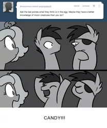 Size: 666x795 | Tagged: safe, artist:egophiliac, derpibooru import, princess luna, oc, oc:frolicsome meadowlark, oc:sunshine smiles (egophiliac), bat pony, pony, moonstuck, ask, comic, eyepatch, eyes closed, female, filly, grayscale, monochrome, tumblr, woona, younger