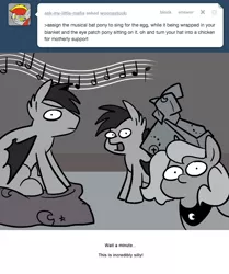 Size: 666x795 | Tagged: safe, artist:egophiliac, derpibooru import, princess luna, oc, oc:frolicsome meadowlark, oc:sunshine smiles (egophiliac), bat pony, pony, moonstuck, cartographer's chicken, female, filly, grayscale, monochrome, music notes, silly, woona, woonoggles, younger