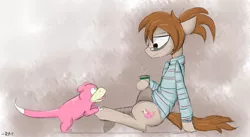 Size: 3306x1818 | Tagged: safe, artist:ratann, derpibooru import, oc, unofficial characters only, earth pony, pony, slowpoke (pokémon), clothes, coffee, floppy ears, hoof hold, lidded eyes, open mouth, pokémon, simple background, sitting, smiling, sweater