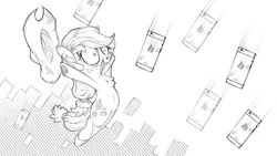 Size: 1280x720 | Tagged: apple, apple (company), applejack, artist:v747, derpibooru import, fluffy, food, iphone, jumping, mobile phone, monochrome, open mouth, phone, pun, safe, sketch, smartphone, smiling, solo, that pony sure does love apples, underhoof, wide eyes