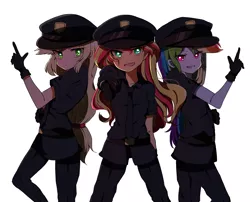 Size: 1591x1286 | Tagged: safe, artist:lotte, derpibooru import, applejack, rainbow dash, sunset shimmer, equestria girls, charlie's angels, clothes, finger gun, gloves, goggles, grin, hat, lidded eyes, looking at you, necktie, open mouth, pixiv, police officer, police uniform, pose, simple background, smiling, smirk, uniform, white background