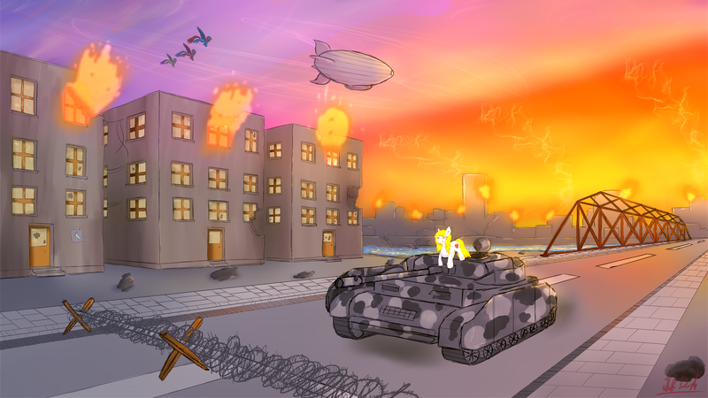 Size: 1600x900 | Tagged: airship, artist:ruby dusk, city, cityscape, derpibooru import, nazi, oc, oc:aryanne, panzer iv, safe, tank (vehicle), unofficial characters only