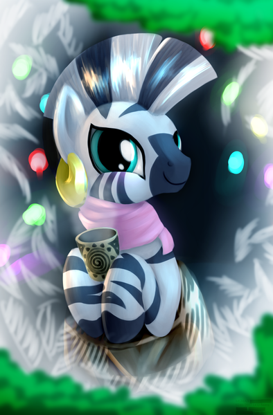 Size: 1380x2100 | Tagged: artist:mgmax, blanket, blushing, christmas, christmas tree, clothes, cute, derpibooru import, frost, garland, hearth's warming, holiday, looking at you, mug, safe, scarf, smiling, solo, spruce, steam, tree, zebra, zecora, zecorable