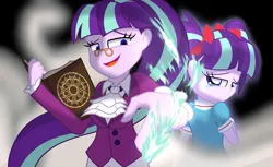 Size: 3100x1900 | Tagged: safe, artist:geraritydevillefort, derpibooru import, snowfall frost, starlight glimmer, a hearth's warming tail, equestria girls, book, clothes, equestria girls-ified, magic, pigtails, younger