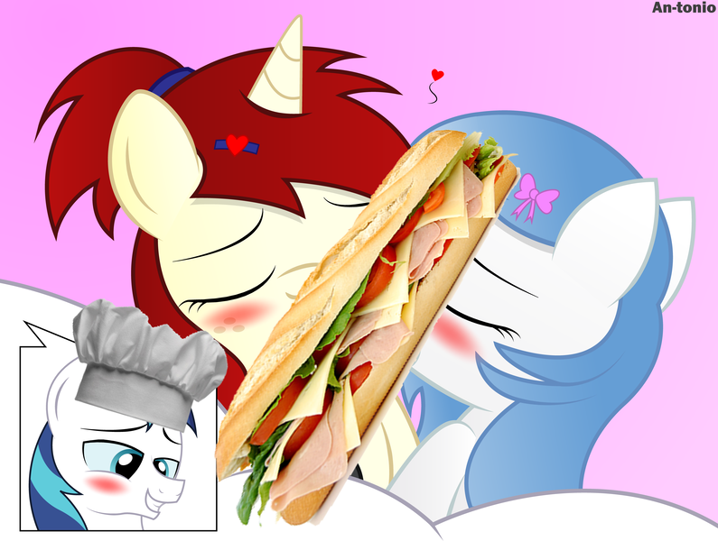 Size: 5300x4000 | Tagged: absurd resolution, artist:an-tonio, chef's hat, derpibooru import, eating, edit, food, hat, not porn, oc, oc:silver draw, oc:vector cloud, sandwich, sandwich censorship, shining armor, suggestive