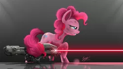 Size: 2200x1238 | Tagged: artist:duskie-06, blaster, burn marks, crossover, derpibooru import, dirty, energy weapon, fluffy, frown, glare, gritted teeth, gun, halo (series), laser, lidded eyes, messy mane, pinkie pie, ponies with guns, prehensile tail, profile, raised hoof, raised leg, reflection, safe, solo, spartan laser, tail, tail hold, weapon