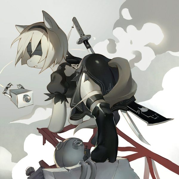 Size: 1024x1024 | Tagged: safe, artist:迷路子, derpibooru import, ponified, pony, 042, 2b, blindfold, butt, crossover, nier, nier: automata, plot, sword, weapon