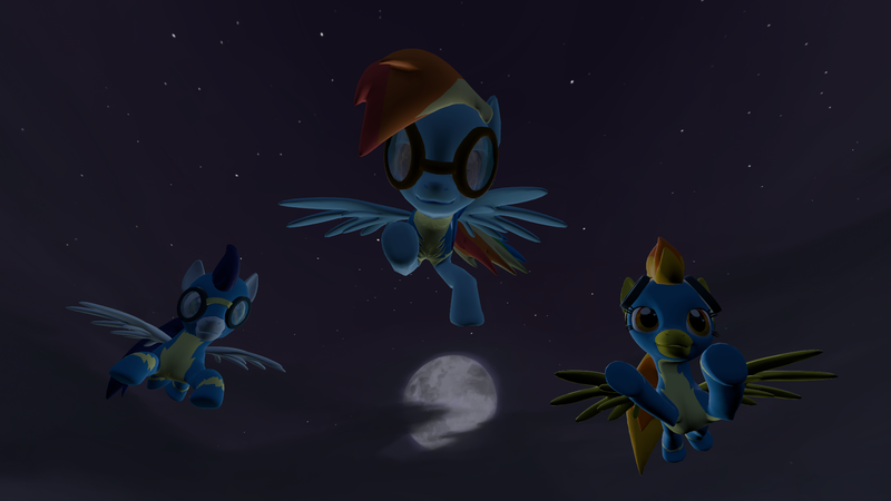 Size: 1920x1080 | Tagged: safe, artist:charlydasher, derpibooru import, rainbow dash, soarin', spitfire, pony, 3d, clothes, full moon, gmod, moon, night, nightwatch, stars, uniform, wonderbolts, wonderbolts uniform