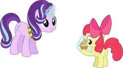 Size: 11599x6400 | Tagged: safe, artist:parclytaxel, derpibooru import, apple bloom, starlight glimmer, earth pony, pony, unicorn, a hearth's warming tail, .svg available, absurd resolution, cupcake, female, filly, food, magic, mare, musical instrument, simple background, smiling, tambourine, telekinesis, transparent background, vector