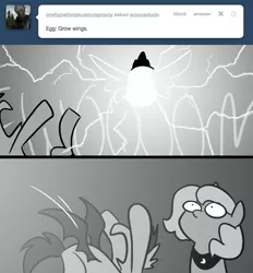 Size: 666x718 | Tagged: safe, artist:egophiliac, derpibooru import, princess luna, oc, oc:frolicsome meadowlark, oc:sunshine smiles (egophiliac), bat pony, pony, moonstuck, crown, egg, female, filly, grayscale, jewelry, lightning, monochrome, regalia, wings, woona, woonoggles, younger