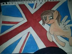 Size: 800x600 | Tagged: safe, artist:milo(german), derpibooru import, oc, oc:milo, unofficial characters only, pegasus, pony, flag, flying, smiling, solo, spread wings, traditional art, union jack, wings