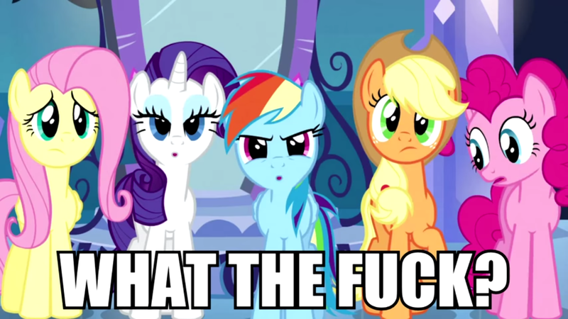 Size: 1366x768 | Tagged: safe, derpibooru import, edit, edited screencap, screencap, applejack, fluttershy, pinkie pie, rainbow dash, rarity, earth pony, pegasus, pony, unicorn, equestria girls, equestria girls (movie), angry, caption, hat, image macro, looking at you, meme, reaction image, surprised, text, vulgar