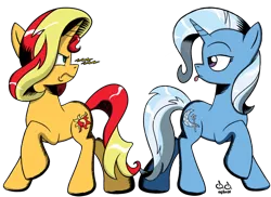 Size: 1024x745 | Tagged: safe, artist:doppiad-doubled, derpibooru import, sunset shimmer, trixie, pony, unicorn, angry, female, i can't believe it's not idw, mare, rivals, sassy, simple background, style emulation, tongue out, transparent background, vector