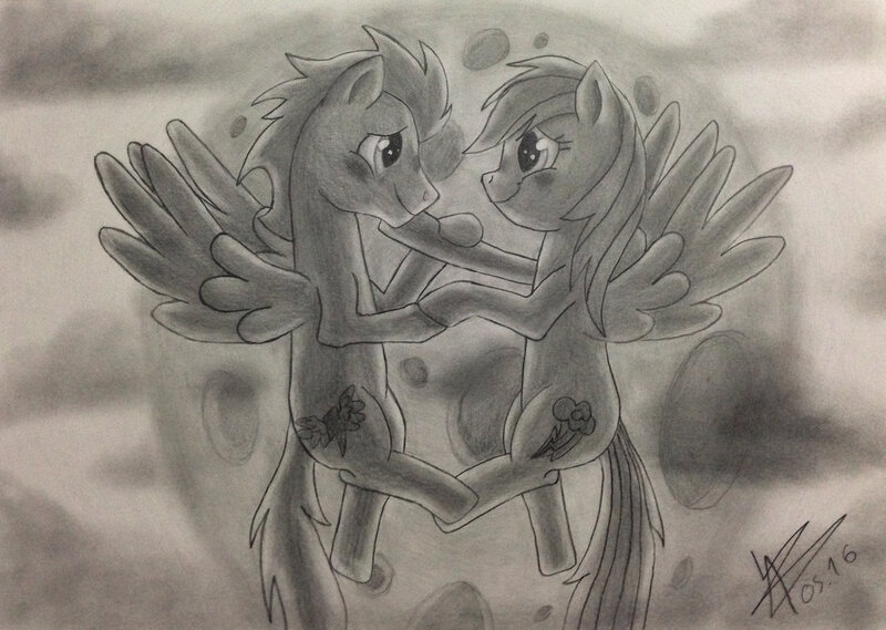 Size: 1024x728 | Tagged: safe, artist:bronyhands, derpibooru import, rainbow dash, soarin', pony, backwards cutie mark, charcoal drawing, female, male, old cutie mark, shipping, soarindash, straight, traditional art