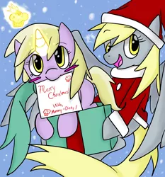 Size: 2700x2900 | Tagged: safe, artist:yoichi-hayabusa, derpibooru import, derpy hooves, dinky hooves, pegasus, pony, unicorn, box, christmas, clothes, costume, cute, equestria's best daughter, equestria's best mother, female, filly, glowing horn, holiday, horn, mare, mother and child, mother and daughter, pony in a box, santa costume