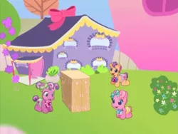 Size: 640x480 | Tagged: safe, derpibooru import, screencap, cheerilee (g3), pinkie pie (g3), scootaloo (g3), pony, over two rainbows, baby, baby pony, bow, box, camera, cutie mark diapers, g3.5, laughing, newborn cuties, once upon a my little pony time, open mouth, remake, remastered