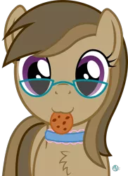 Size: 1532x2104 | Tagged: safe, artist:arifproject, derpibooru import, oc, oc:dawnsong, unofficial characters only, earth pony, pony, :3, arif's scrunchy pone, chest fluff, choker, cookie, cute, female, fluffy, food, glasses, looking at you, mare, mouth hold, nom, simple background, smiling, solo, transparent background, vector