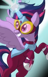 Size: 1200x1920 | Tagged: safe, artist:theroyalprincesses, derpibooru import, masked matter-horn, twilight sparkle, twilight sparkle (alicorn), alicorn, pony, power ponies (episode), alternate hairstyle, beam, clothes, costume, glare, glowing horn, goggles, gritted teeth, horn, looking up, magic, power ponies, rearing, solo, spread wings, superhero, wings