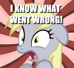 Size: 960x888 | Tagged: safe, derpibooru import, derpy hooves, pegasus, pony, caption, female, i just don't know what went wrong, i know exactly what went wrong, image macro, mare, meme, realization, shocked, solo, subversion, subverted meme, sudden realization, sunburst background, text, underp