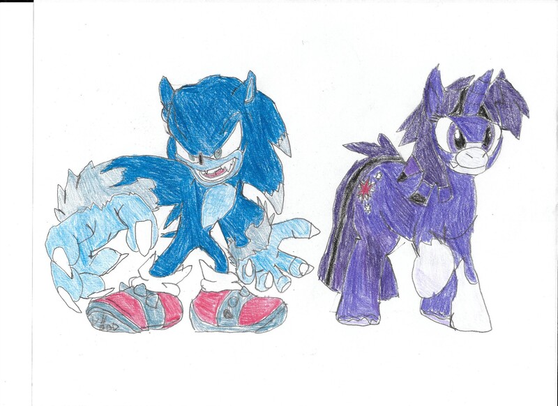 Size: 2338x1700 | Tagged: artist:megamix813, crossover, derpibooru import, safe, sonic the hedgehog, sonic the hedgehog (series), sonic the werehog, sonic unleashed, traditional art, twilight sparkle, twilight unbound, werelight shine